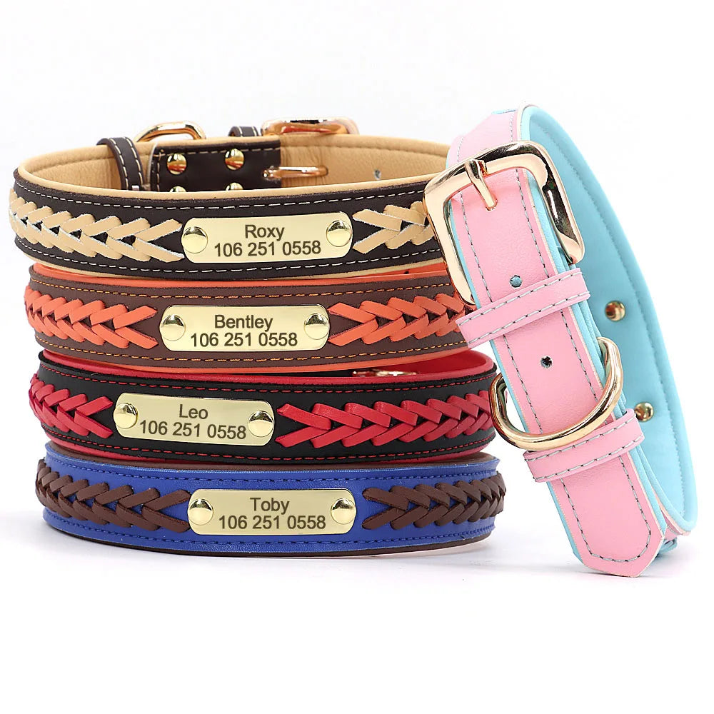 Personalized Dog Collar Leather Padded Dogs Braided Collars Free Engraving Pet ID Tag Nameplate for Small Medium Large Dogs