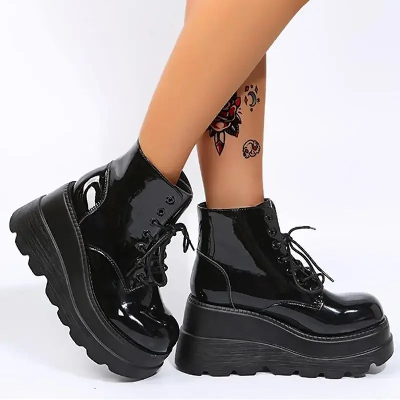 Thick Bottom Large Size 43 Female Boots Lace Up Short Boots Wedges Shoes for Women 2023 Leather High Heels Platform Boots Women