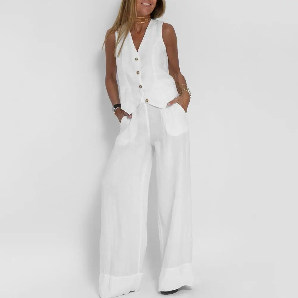 Solid Color Suit Set Fashionable Women's Cotton Linen Suit Sleeveless Vest Wide Leg Pants Set for Office or Casual Wear