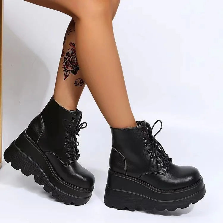 Thick Bottom Large Size 43 Female Boots Lace Up Short Boots Wedges Shoes for Women 2023 Leather High Heels Platform Boots Women