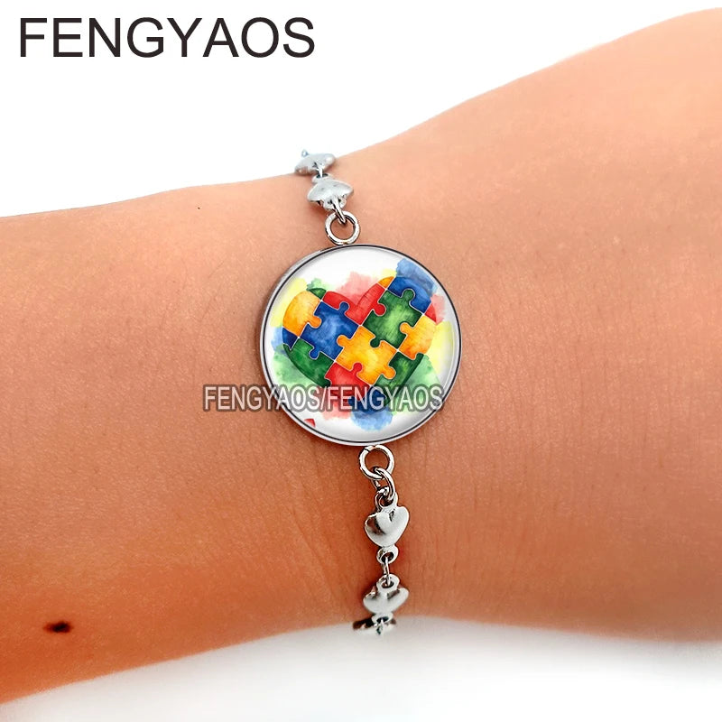 Stainless Steel Autism Awareness Bracelet Autistic Symbol Bangles Gift for Girls