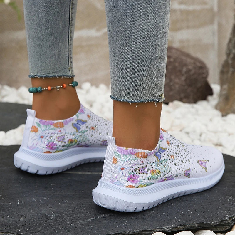 Women's Soft Printed Flats Autumn Breathable Knitted Platform Sneakers Woman Chinese Style Flowers Casual Shoes Plus Size 43