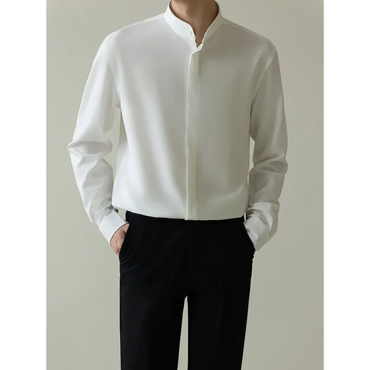 New Men Clothing Stand Collar Ice Silk Shirts for Men Korean Fashion Long Sleeve Iron-free Drape Business Casual Men Dress Shirt