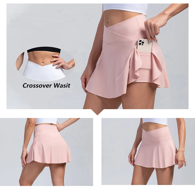 Women Pleated Tennis beach tennis Skirt with Pockets Shorts Athletic Skirts Crossover High Waisted Athletic Golf Skorts Workout Sports Skirts