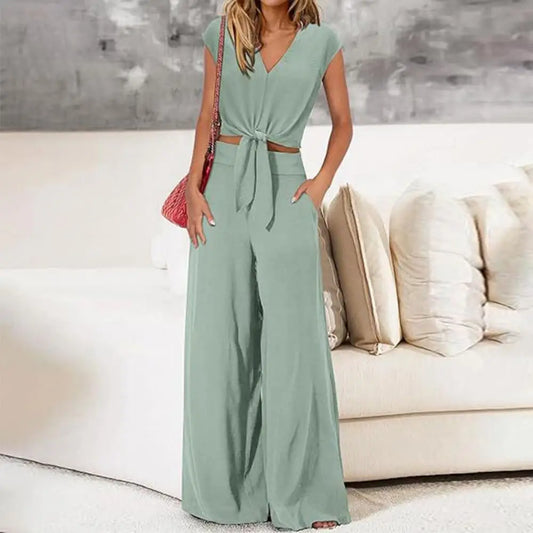 Women Top Pants Suit Elegant Lace-up Knot Women's Top Pants Set for Office Wear V Neck Short Sleeves Solid Color High for Women