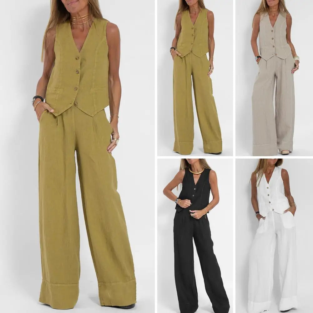 Solid Color Suit Set Fashionable Women's Cotton Linen Suit Sleeveless Vest Wide Leg Pants Set for Office or Casual Wear